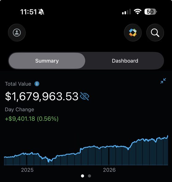 Brokerage app showing a total value of $1,679,963.53